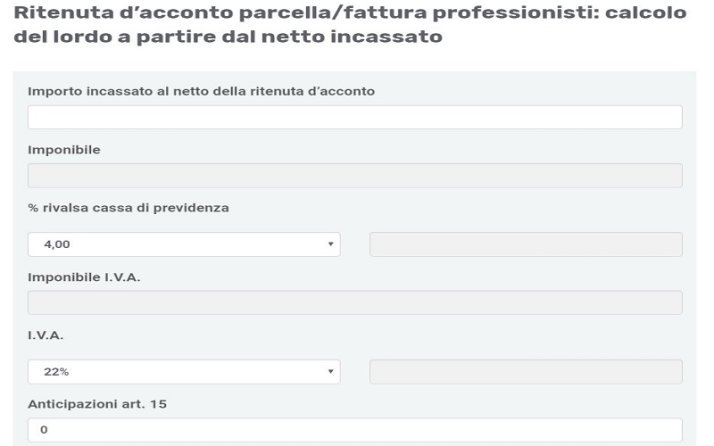 Calcolo ritenuta d'acconto parcella professionisti